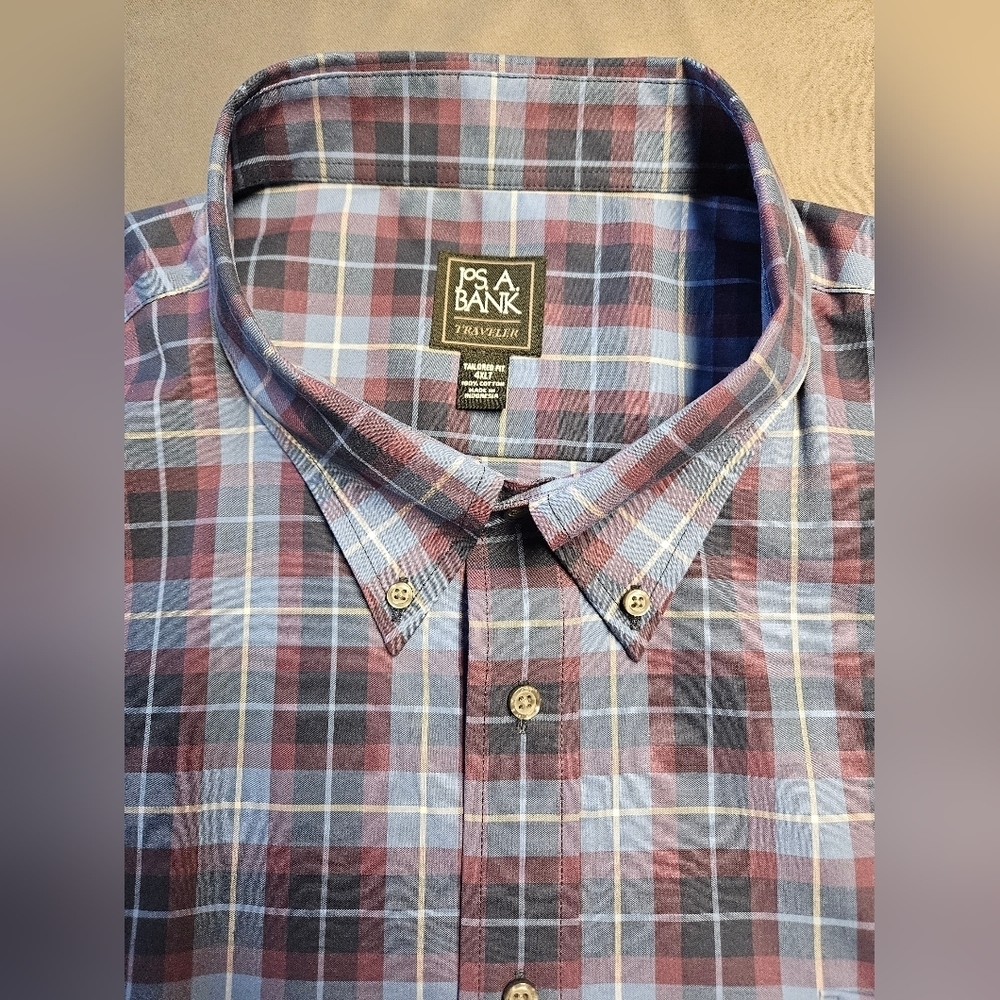 Jos A Bank Men's Traveler Navy & Red Check Cotton Casual Shirt 4XLT